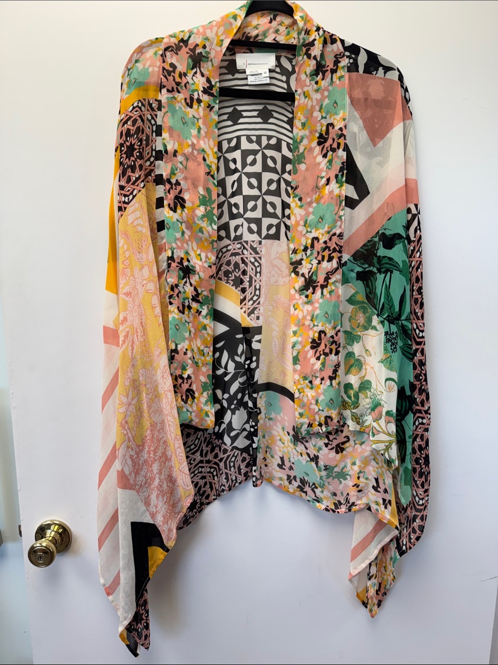 Anthropologie Floral Patchwork Kimono in Pink, Green, Yellow, Black